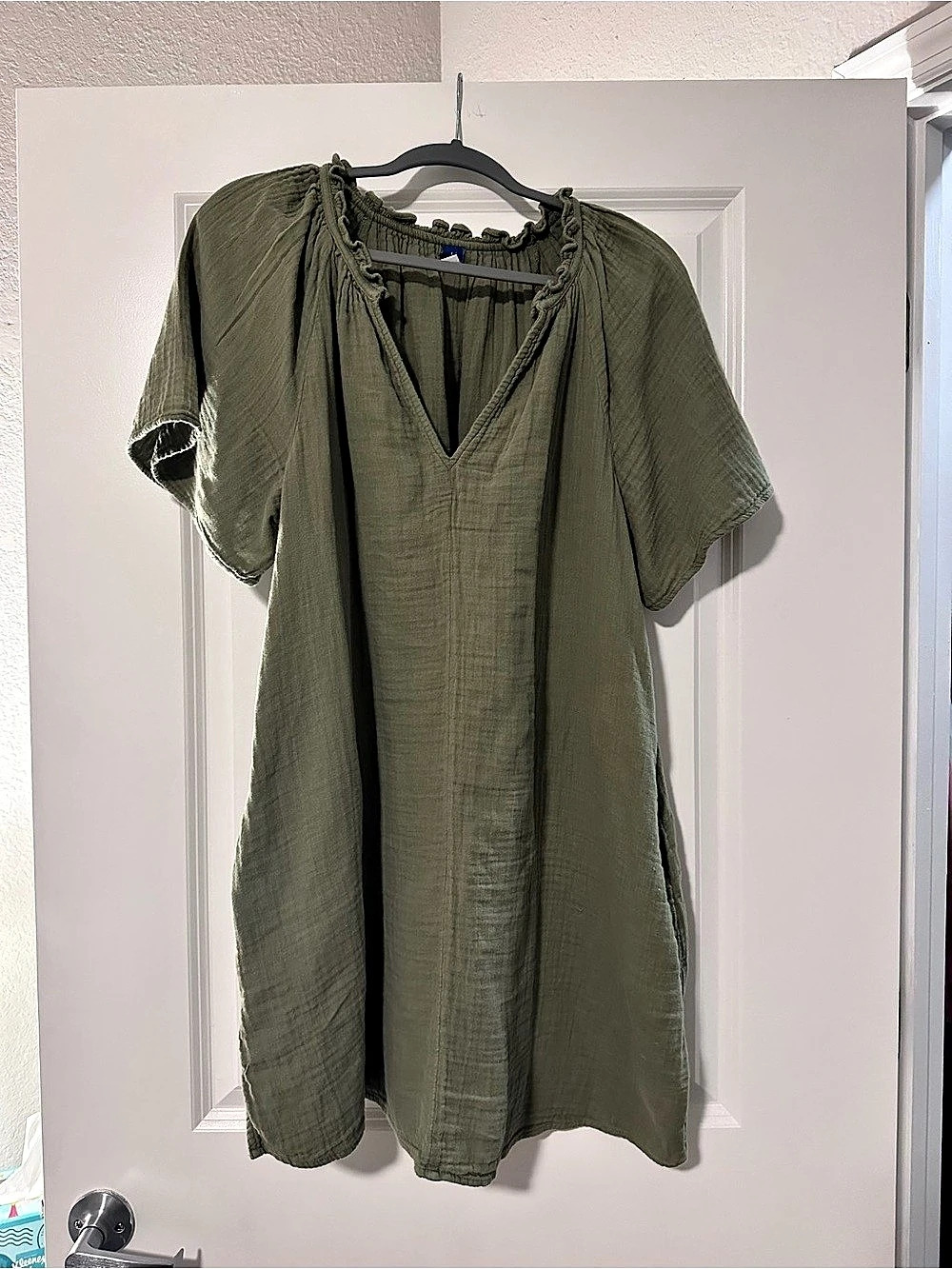 Old Navy Split-Neck Crinkle Gauze Mini Swing Dress Green Large